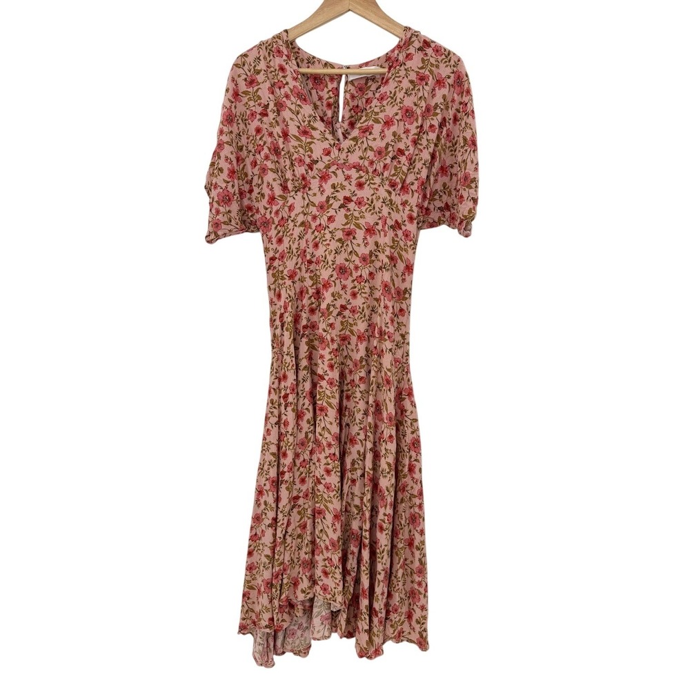 ASTR The Label Pink Floral V-Neck Flutter Sleeve High-Low Midi Dress ADR100605 M